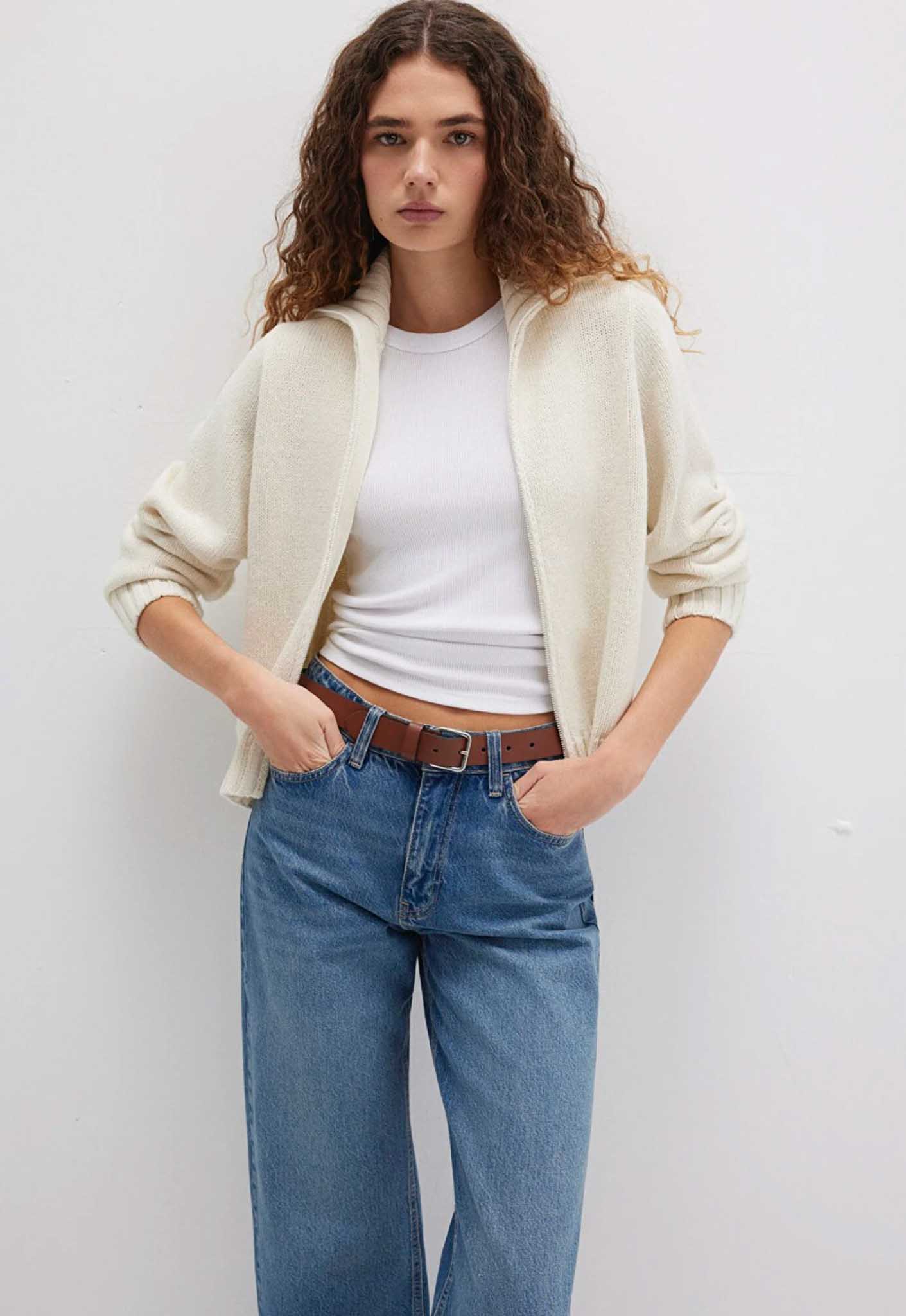 Yün Karışımlı Fermuarlı Ekru Hırka