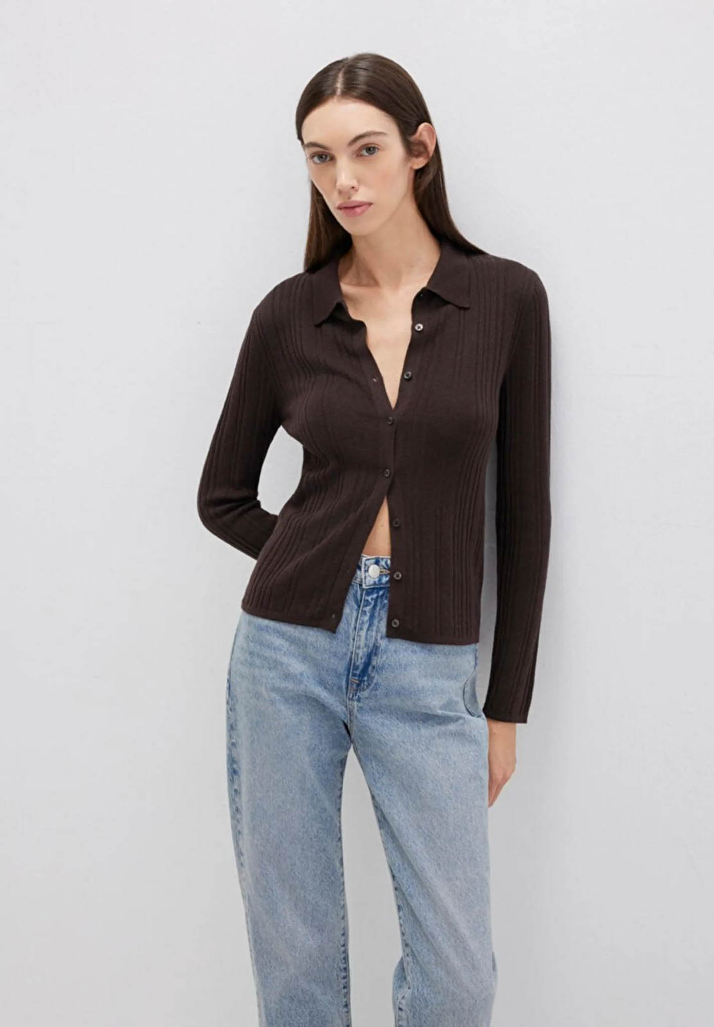 Yün Karışımlı Kahverengi Triko Polo Yaka Slim Fit Ceket