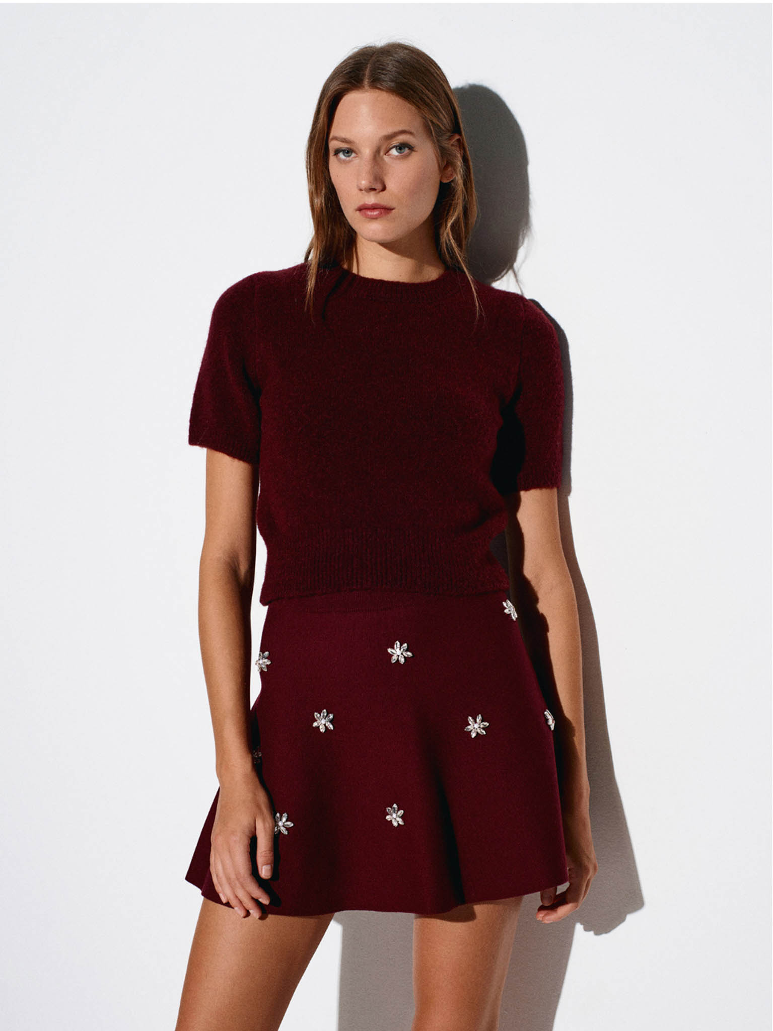 Yün Karışımlı Kısa Kol Bordo Triko Crop Kazak