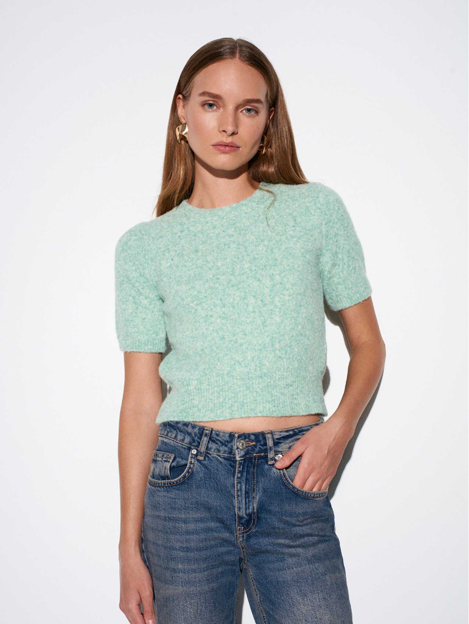 Yün Karışımlı Kısa Kol Mint Triko Crop Kazak