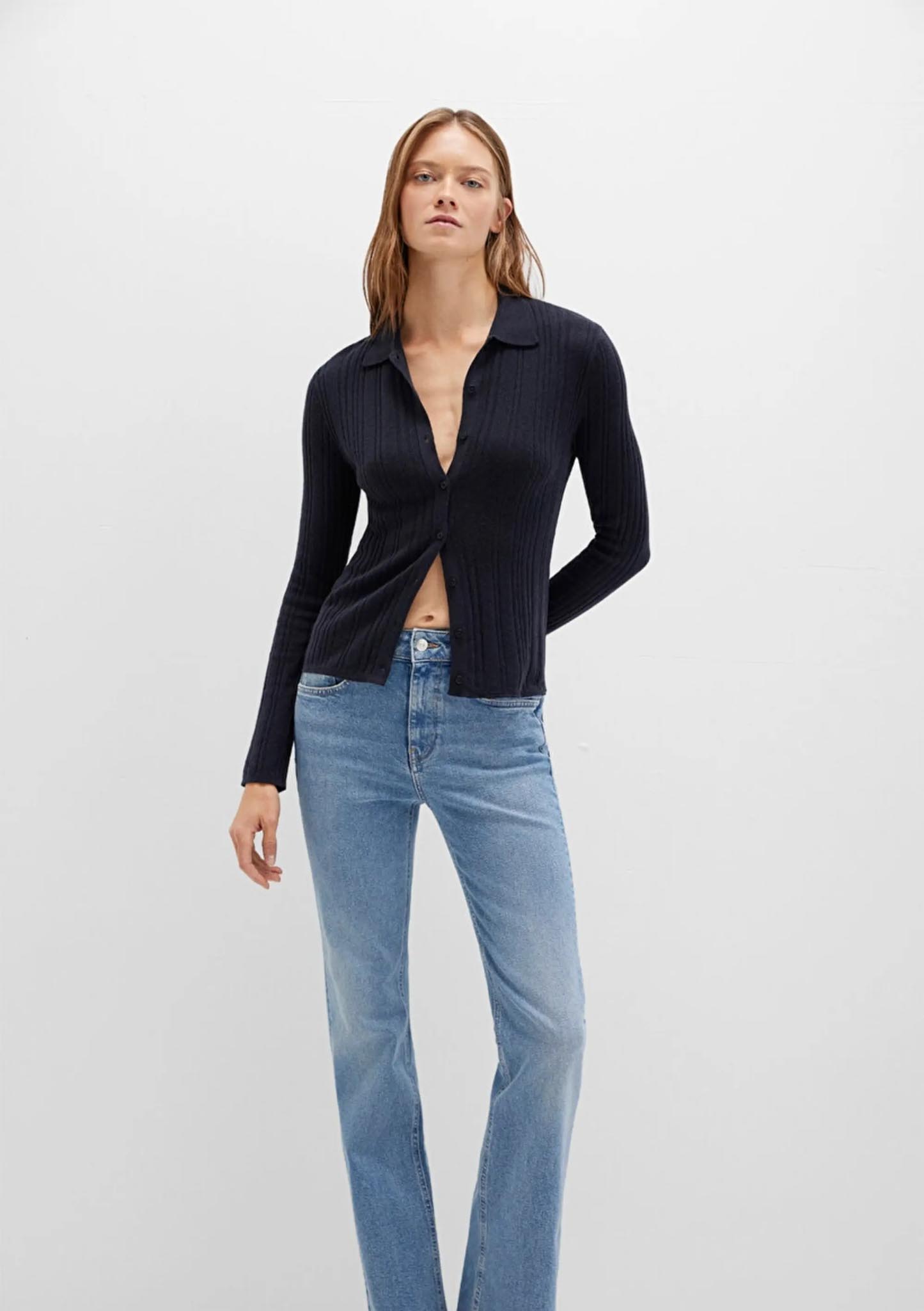 Yün Karışımlı Lacivert Triko Polo Yaka Düğmeli Ceket Kazak