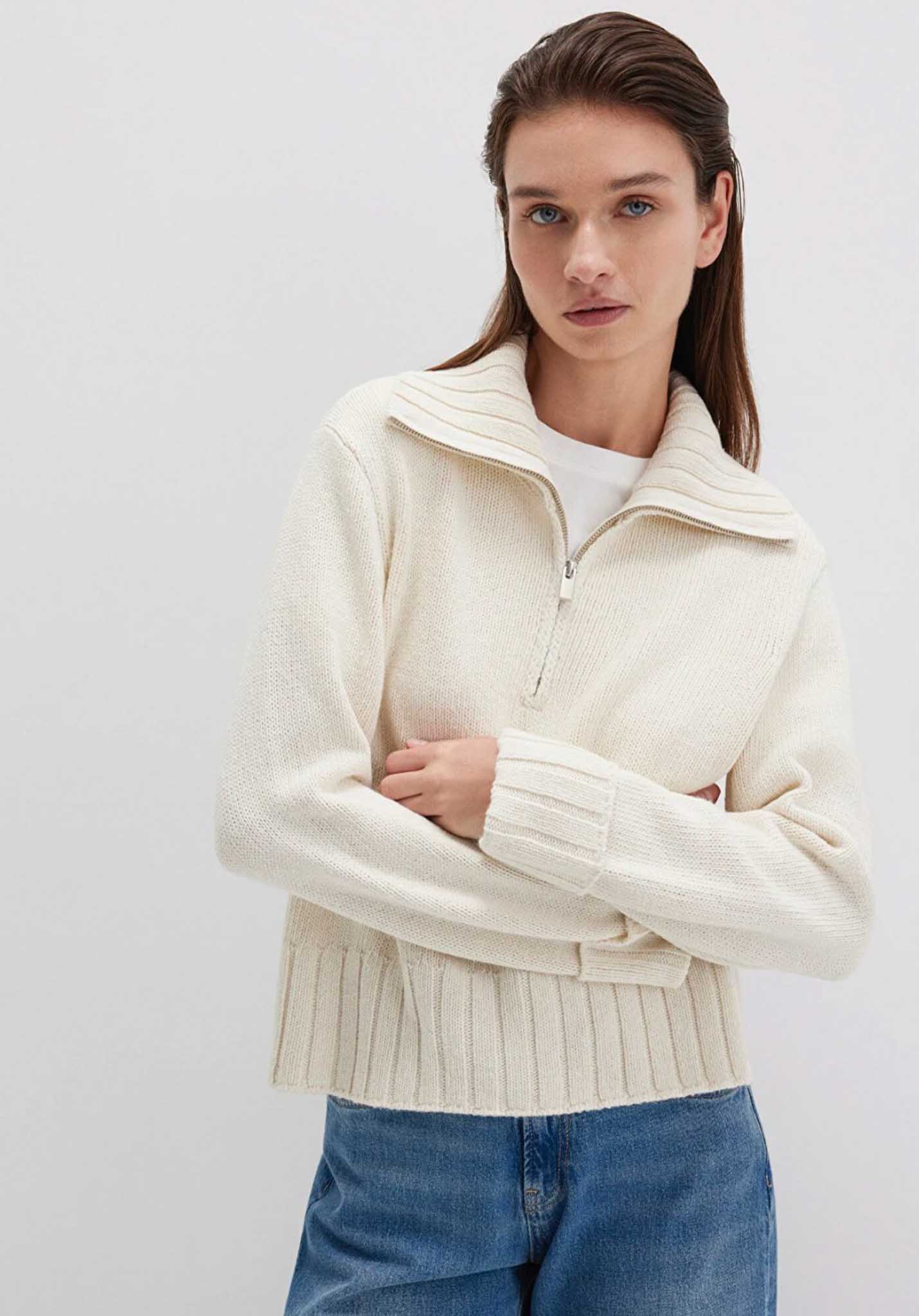 Yün Karışımlı Yarı Fermuarlı Ekru Kazak